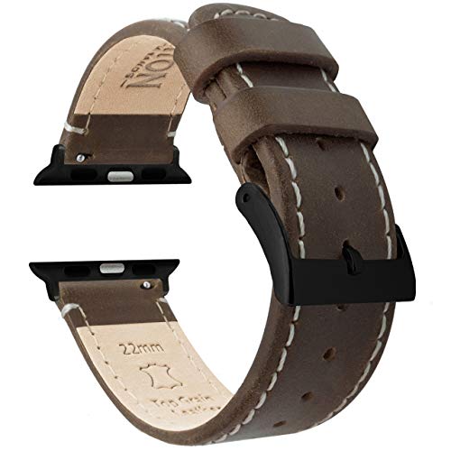Barton Lederarmband, kompatibel mit allen Apple Watch-Modellen, schwarze Hardware, Watch 2, Watch 3 & Watch 4-38 mm, 40 mm, 44 mm Large Apple Watch (42mm or 44mm) Saddle Brown Leather,White Stitching von BARTON WATCH BANDS