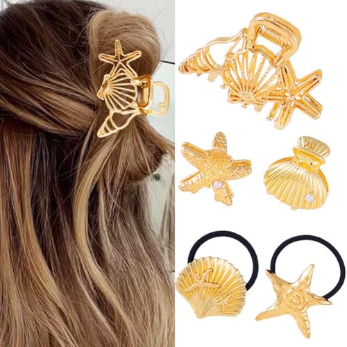 BARTOSI Seestern Haarspangen Gold Muschel Haarklammern Seestern Haargummis Haarschmuck für Frauen und Mädchen (5 Stück) von BARTOSI
