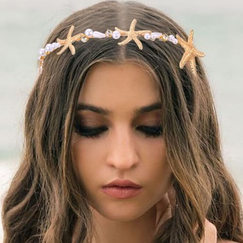 BARTOSI Seestern Stirnband Gold Perle Braut Kopfschmuck Meerjungfrau Haarband Strand Hochzeit Haarschmuck für Frauen und Mädchen von BARTOSI