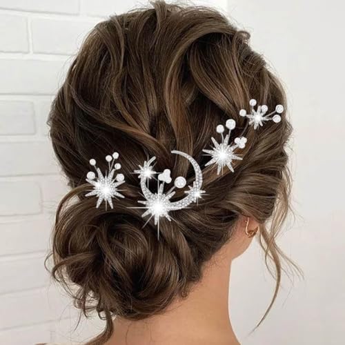 BARTOSI Silber Mond Stern Haarnadeln Strass Braut Haarspangen Perle Braut Hochzeit Haarschmuck für Frauen und Mädchen (4 Stück) von BARTOSI