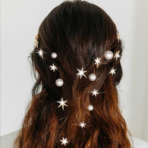 BARTOSI Strass Stern Haarspangen Gold Perle Haarnadeln Kristall Himmlische Haarschmuck für Frauen und Mädchen (10 Stück) von BARTOSI