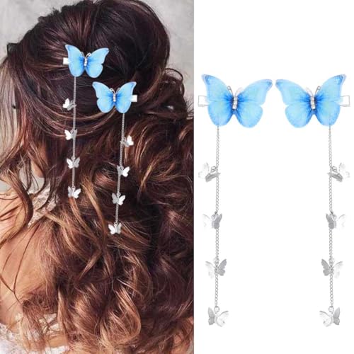 Bartosi Schmetterling Haarspangen Blau Schmetterling Haarspange Quaste Haarnadeln Niedliche Strass Haarspangen Haarschmuck für Frauen und Mädchen (2 Stück) von BARTOSI