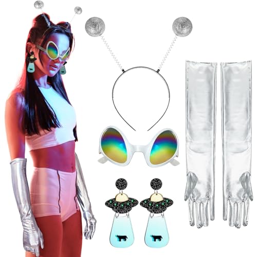 BARVERE Alien Kostüm Damen Zubehör, Weltall Kostüm mit Alien Haarreif, Ohrringe, Silberne Handschuhe und Alien Brille, Space Kostüm Damen für Halloween, Fasching, Karneval von BARVERE