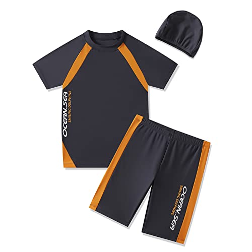 BASADINA Jungen Badeanzüge Kurze Ärmel 2 Stück Sonnenschutz Badeanzug Jungen Bademode 4-14 Jahre, grau, 150 cm von BASADINA