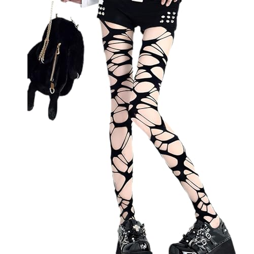 BASEMMAHER Damen Ripped Strumpfhose Fischnetz Strumpf Zerrissene Strumpfhose Strumpfwaren Gothic Punk Perforierter Strumpf Y2k Strumpfhosen Strümpfe Kleidung für Halloween Cosplay Party Zubehör, von BASEMMAHER