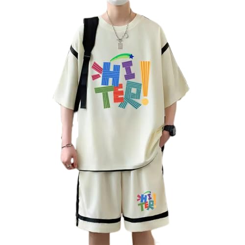 Sportanzug Herren Casual Mode Trainingsanzug Klassisch Kurzarm T-Shirt Und Kurze Hosen 2-Teiliges Set Fitness Atmungsaktiv Jogginganzug C-Apricot 8XL von BASHAMAN