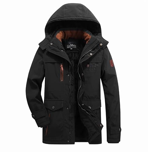 BASICDOT Winterjacke Herren, Winddichter Outdoor Warm Jacke Wasserdicht Gefütterte Wanderjacke Verstärkte Arbeitsjacke mit Abnehmbarem Kapuzen Jacket-Black-XXL von BASICDOT