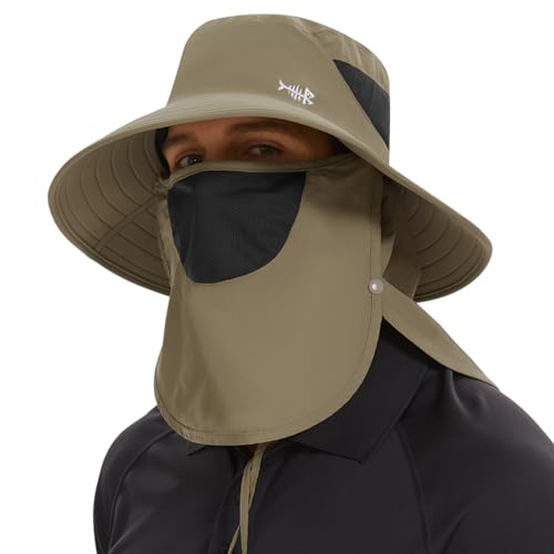 Bassdash Sonnenhut Fischerhut UPF 50+ Breiter Krempe Wanderhut mit abnehmbarem Gesichtsschutz und Nackenklappe Atmungsaktiver Unisex Wasserfester Angelnhut für Damen Herren,Khaki von Bassdash