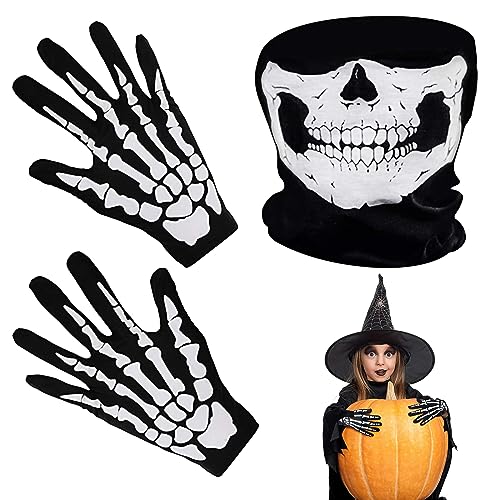 BASTOUR Halloween Skelett Maske Handschuhe, Skelett, Handschuhe Schwarz, Skull Face Mask, Totenkopf Maske Schwarz, Schwarz Skelett Handschuhe Set für Halloween, Cosplay Kostüm,Outdoor Aktivitäten von BASTOUR