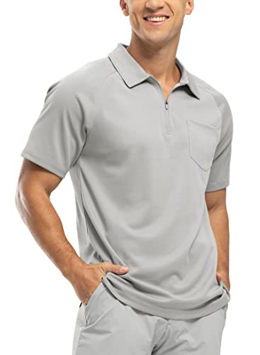 BASUDAM Herren-Polo-Shirts mit Reißverschluss, schnelltrocknend, kurzärmelig, sportlich, Outdoor, mit Tasche, Hellgrau, XL von BASUDAM