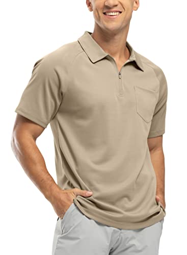 BASUDAM Herren-Polo-Shirts mit Reißverschluss, schnelltrocknend, kurzärmelig, sportlich, Outdoor, mit Tasche, Khaki, 3X-Groß von BASUDAM