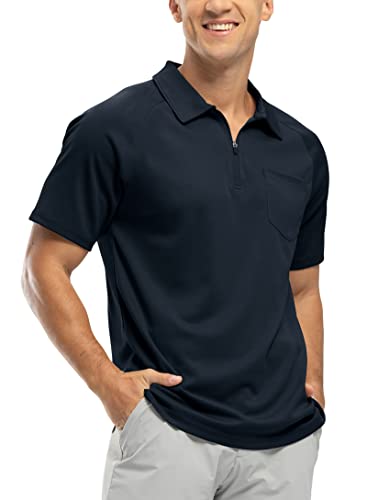 BASUDAM Herren-Polo-Shirts mit Reißverschluss, schnelltrocknend, kurzärmelig, sportlich, Outdoor, mit Tasche, Marineblau, XL von BASUDAM