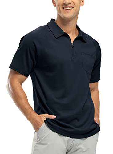 BASUDAM Herren-Polo-Shirts mit Reißverschluss, schnelltrocknend, kurzärmelig, sportlich, Outdoor, mit Tasche, Marineblau, XX-Large von BASUDAM