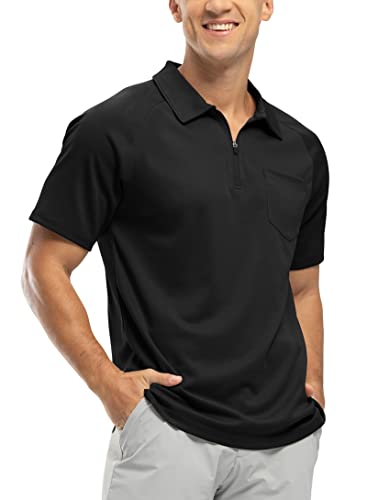 BASUDAM Herren-Polo-Shirts mit Reißverschluss, schnelltrocknend, kurzärmelig, sportlich, Outdoor, mit Tasche, Schwarz, L von BASUDAM