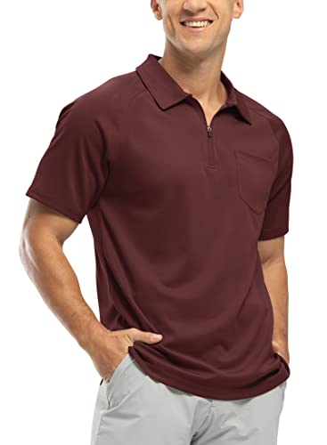 BASUDAM Herren-Polo-Shirts mit Reißverschluss, schnelltrocknend, kurzärmelig, sportlich, Outdoor, mit Tasche, Weinrot, 3X-Groß von BASUDAM