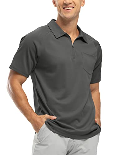 BASUDAM Herren-Polo-Shirts mit Reißverschluss, schnelltrocknend, kurzärmelig, sportlich, Outdoor, mit Tasche, grau dunkel, Mittel von BASUDAM