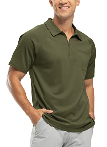 BASUDAM Herren Poloshirts mit Reißverschluss, schnell trocknend, kurzärmelig, lässig, Outdoor, Grün (Army Green), XL von BASUDAM