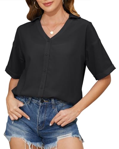 BATHRINS Damen Chiffon Bluse Kurzarm V-Ausschnitt Blusenshirt Sommer Lose Hemdbluse Elegante Oberteile Casual Button Tops für Damen（Schwarz,XL） von BATHRINS