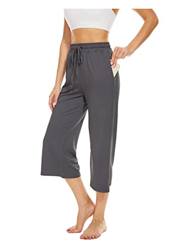 BATHRINS Damen Freizeithose 3/4 Hose Jogginghose Sommer Loose Bequeme Weitem Bein Sweathose Hausehose Sporthose mit Taschen und Verstellbarem Kordelzug(Dunkelgrau,L) von BATHRINS