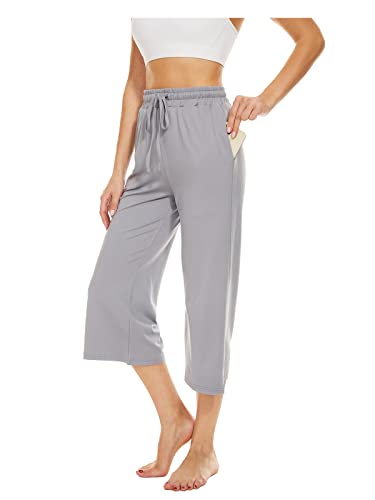 BATHRINS Damen Freizeithose 3/4 Hose Jogginghose Sommer Loose Bequeme Weitem Bein Sweathose Hausehose Sporthose mit Taschen und Verstellbarem Kordelzug(Hellgrau,L) von BATHRINS