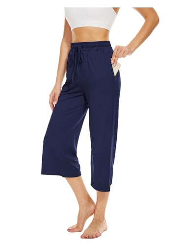 BATHRINS Damen Freizeithose 3/4 Hose Jogginghose Sommer Loose Bequeme Weitem Bein Sweathose Hausehose Sporthose mit Taschen und Verstellbarem Kordelzug(Navy Blau,XL) von BATHRINS