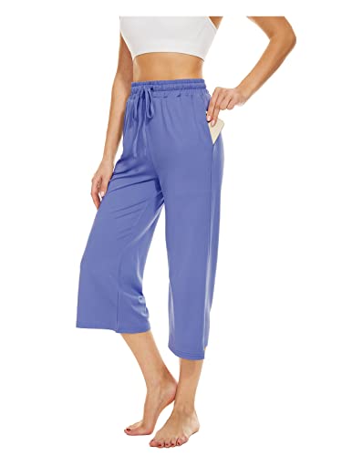 BATHRINS Damen Freizeithose 3/4 Hose Jogginghose Sommer Loose Bequeme Weitem Bein Sweathose Hausehose Sporthose mit Taschen und Verstellbarem Kordelzug (Blau, L) von BATHRINS