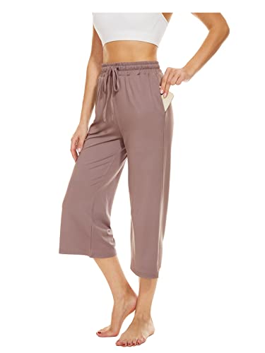 BATHRINS Damen Freizeithose 3/4 Hose Jogginghose Sommer Loose Bequeme Weitem Bein Sweathose Hausehose Sporthose mit Taschen und Verstellbarem Kordelzug (Dunkelpink, L) von BATHRINS