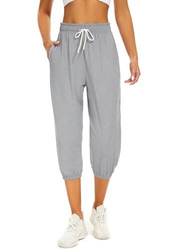 BATHRINS Damen Jogginghose 3/4 Hose Sporthose Sommer Freizeithosen Loose Bequeme Trainingshose mit Taschen und Verstellbarem Kordelzug von BATHRINS