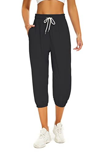 BATHRINS Damen Jogginghose 3/4 Hose Sporthose Sommer Freizeithosen Loose Bequeme Trainingshose mit Taschen und Verstellbarem Kordelzug von BATHRINS