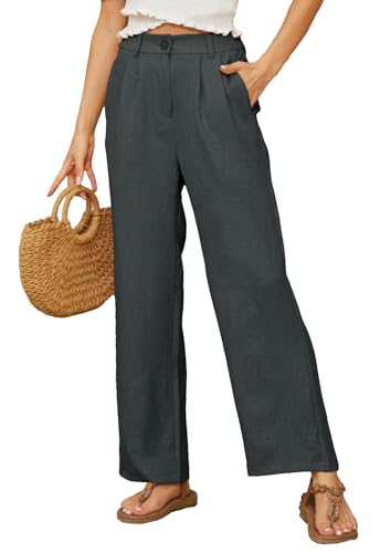 BATHRINS Damen Leinenhose Weite Sommerhose Lockere High Waist Palazzo Hose Einfarbig Stoffhose Freizeithose Elegant Bequeme Anzughose mit Taschen und Reißverschluss(Grau,L) von BATHRINS