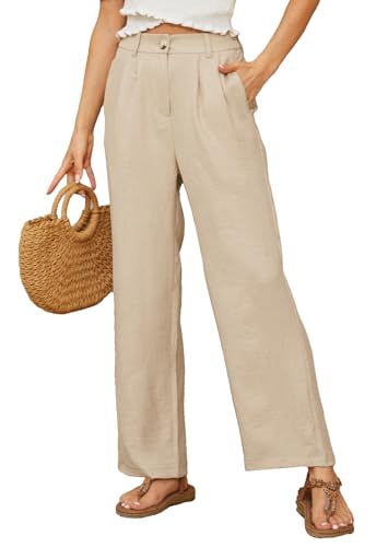 BATHRINS Damen Leinenhose Weite Sommerhose Lockere High Waist Palazzo Hose Einfarbig Stoffhose Freizeithose Elegant Bequeme Anzughose mit Taschen und Reißverschluss(Khaki,XXL) von BATHRINS