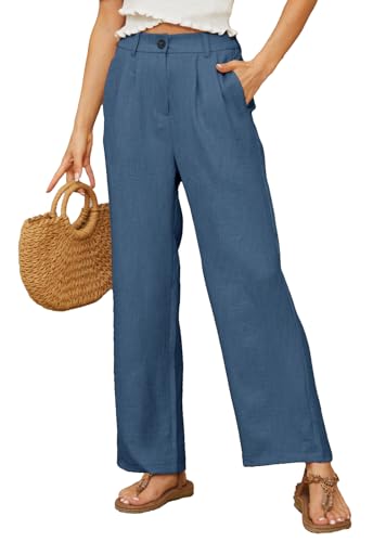 BATHRINS Damen Leinenhose Weite Sommerhose Lockere High Waist Palazzo Hose Einfarbig Stoffhose Freizeithose Elegant Bequeme Anzughose mit Taschen und Reißverschluss(Navy Blau,M) von BATHRINS