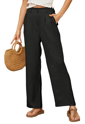 BATHRINS Damen Leinenhose Weite Sommerhose Lockere High Waist Palazzo Hose Einfarbig Stoffhose Freizeithose Elegant Bequeme Anzughose mit Taschen und Reißverschluss(Schwarz,M) von BATHRINS