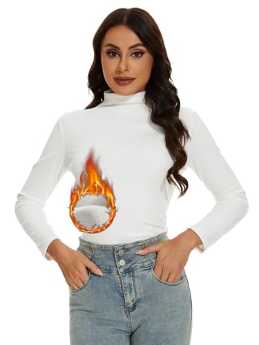 BATHRINS Thermo Oberteil Damen Rollkragenpullover Elegant Langarm Thermoshirt Slim Fit Turtleneck Damen Warm Thermounterwäsche für Herbst Winter(Weiß,M) von BATHRINS