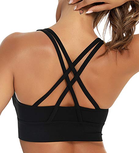 BATHRINS Damen Sport BH Push Up Frauen Starker Halt Bustier Atmungsaktiv Elastizität Ohne Bügel Gepolsterte Cups entfernbar für Fitness Lauf Yoga(Schwarz,L) von BATHRINS