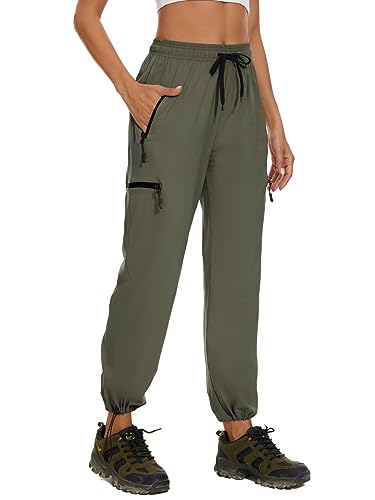 BATHRINS Damen Wanderhose Schnelltrocknend Outdoorhose Leicht Atmungsaktiv Trekkinghose Damen Stretch Funktionshose mit Reißverschlusstaschen(Armeegrün,L) von BATHRINS