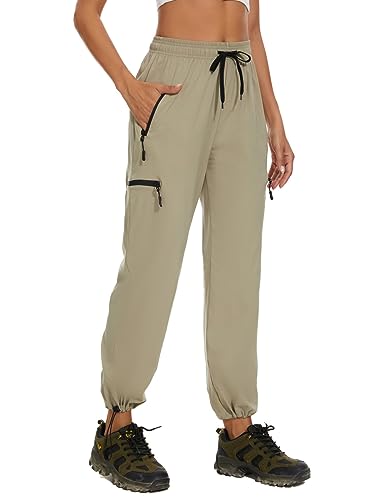 BATHRINS Damen Wanderhose Schnelltrocknend Outdoorhose Leicht Atmungsaktiv Trekkinghose Damen Stretch Funktionshose mit Reißverschlusstaschen(Khaki,M) von BATHRINS