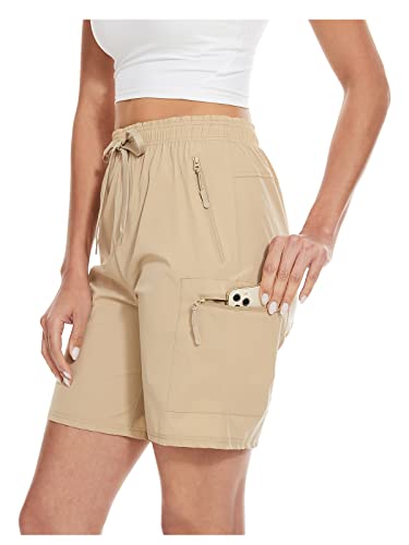 BATHRINS Damen Wanderhosen Leichte Atmungsaktiv Cargo Outdoor Funktions Hose Wasserdicht Trekkinghose Schnelltrocknend Sporthose mit Reißverschlusstaschen(Khaki,XL) von BATHRINS