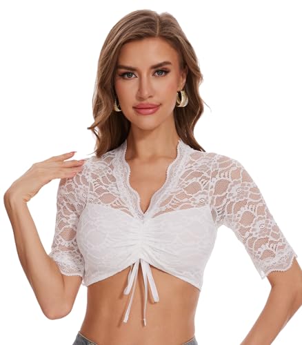 BATHRINS Dirndlbluse Damen Spitze Trachten Dirndlbluse Weiß Halbarm Dirndlblusen für Damen Oktoberfest Trachten Bluse(Weiß,S) von BATHRINS