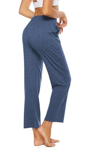 BATHRINS Freizeithose Sporthose Damen Lang Hose Unifarbe Jogginghose Hausehose Loose Fit Baumwolle mit Taschen und Verstellbarem Kordelzug (Blau,L) von BATHRINS