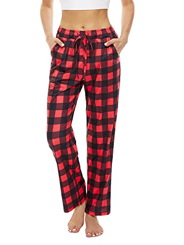 BATHRINS Freizeithose Sporthose Damen Lang Hose Unifarbe Jogginghose Schlafanzughosen Loose Fit Baumwolle mit Taschen und Verstellbarem Kordelzug(Rot Kariert,S) von BATHRINS