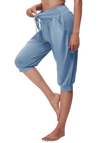 BATHRINS Haremshose Damen 3/4 Yogahose Jogginghose High Waist Caprihose Sommer Pilates Hose Leicht Pumphose Locker Sporthose mit Taschen Kordelzug（Blau,M） von BATHRINS