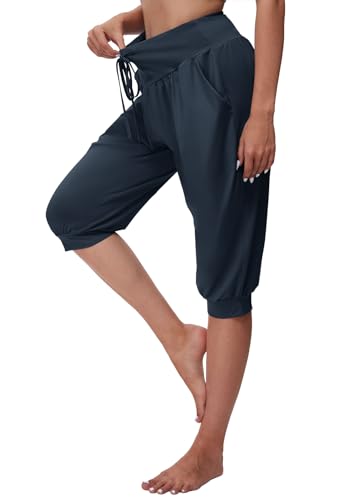 BATHRINS Haremshose Damen 3/4 Yogahose Jogginghose High Waist Caprihose Sommer Pilates Hose Leicht Pumphose Locker Sporthose mit Taschen Kordelzug（Marine Blau,XXL） von BATHRINS