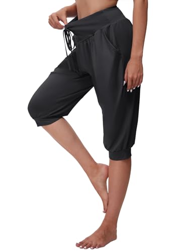 BATHRINS Haremshose Damen 3/4 Yogahose Jogginghose High Waist Caprihose Sommer Pilates Hose Leicht Pumphose Locker Sporthose mit Taschen Kordelzug（Schwarz,S） von BATHRINS