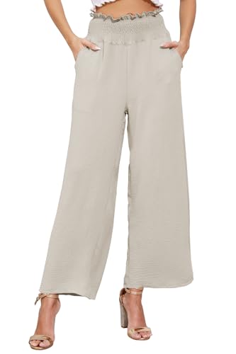 BATHRINS Sommerhose Damen Leicht Elegant Palazzo Hose Elastische Hohe Taille Stoffhose Weites Bein Freizeithose mit Taschen(Beige,M) von BATHRINS