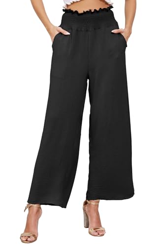 BATHRINS Sommerhose Damen Leicht Elegant Palazzo Hose Elastische Hohe Taille Stoffhose Weites Bein Freizeithose mit Taschen(Schwarz,S) von BATHRINS
