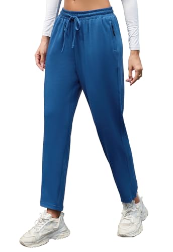 BATHRINS Jogginghose Damen Sporthose Lang Baumwolle Trainingshose Freizeithose High Waist Yoga Hose Elegant Sweathose Joggpants mit Reißverschlusstasche(Blau,M) von BATHRINS