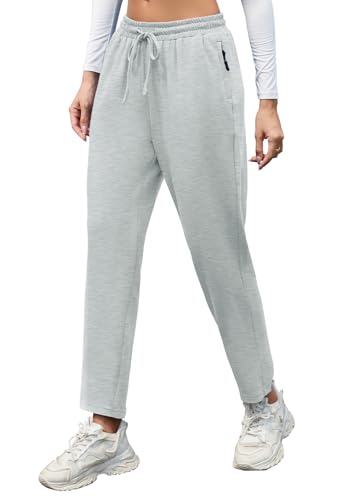 BATHRINS Jogginghose Damen Sporthose Lang Baumwolle Trainingshose Freizeithose High Waist Yoga Hose Elegant Sweathose Joggpants mit Reißverschlusstasche(Hellgrau,M) von BATHRINS