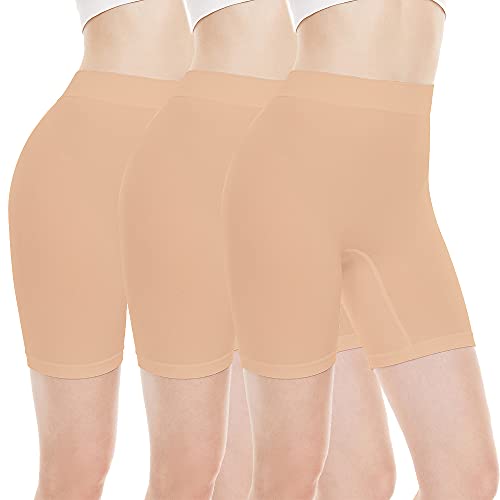 BATHRINS Kurze Leggings Damen Cool Sommer High Waist Lange Anti-Reibung Frauen Unter Rock Unterhosen Bequem Knee Length Radlerhose(3pcs Beige,XL) von BATHRINS