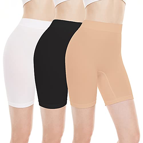 BATHRINS Kurze Leggings Damen Cool Sommer High Waist Lange Anti-Reibung Frauen Unter Rock Unterhosen Bequem Knee Length Radlerhose(Beige+Schwarz+Weiß,L) von BATHRINS